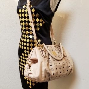MCM Beige Logo Satchel with Gold Hardware